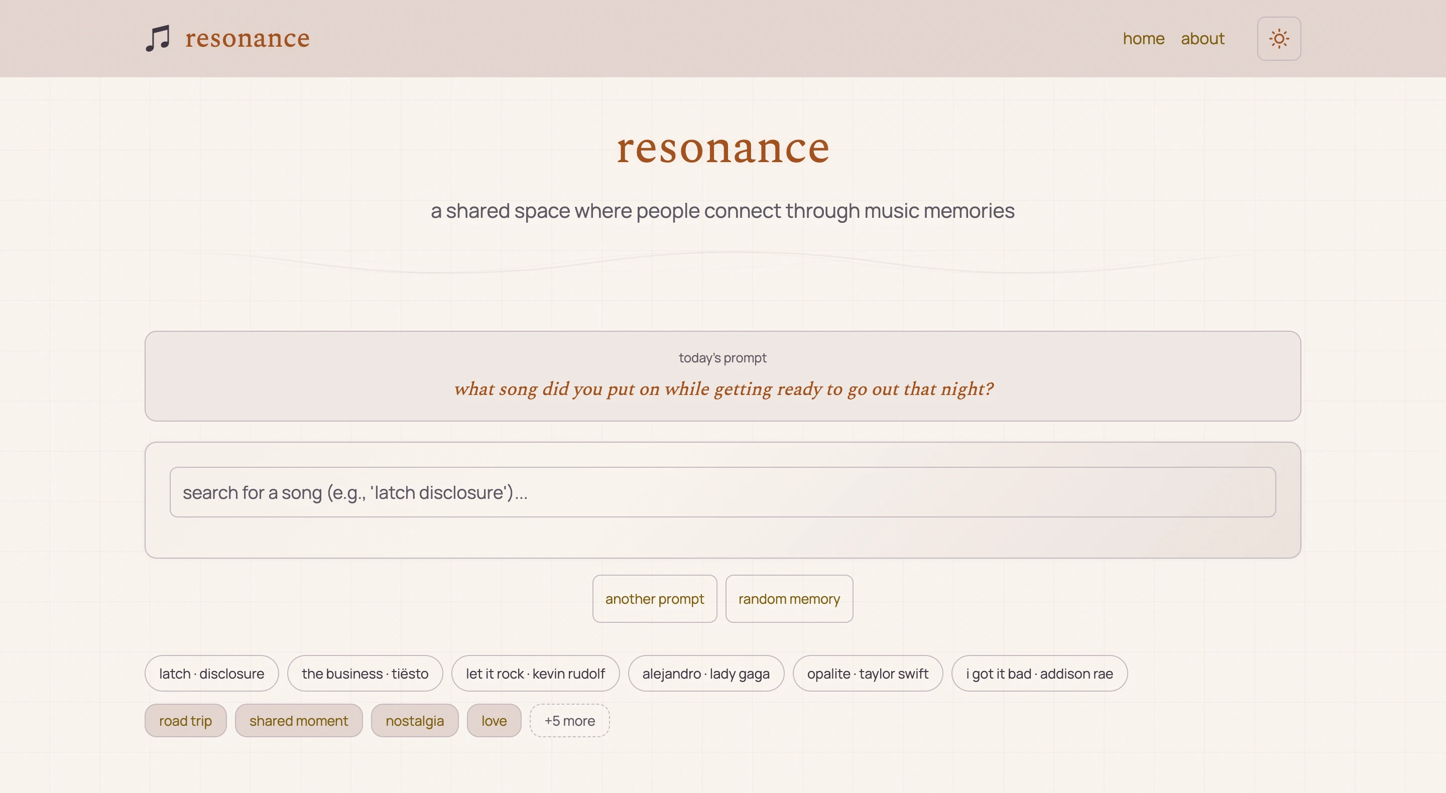 resonance homepage showing search bar, daily prompt, and shared music memories