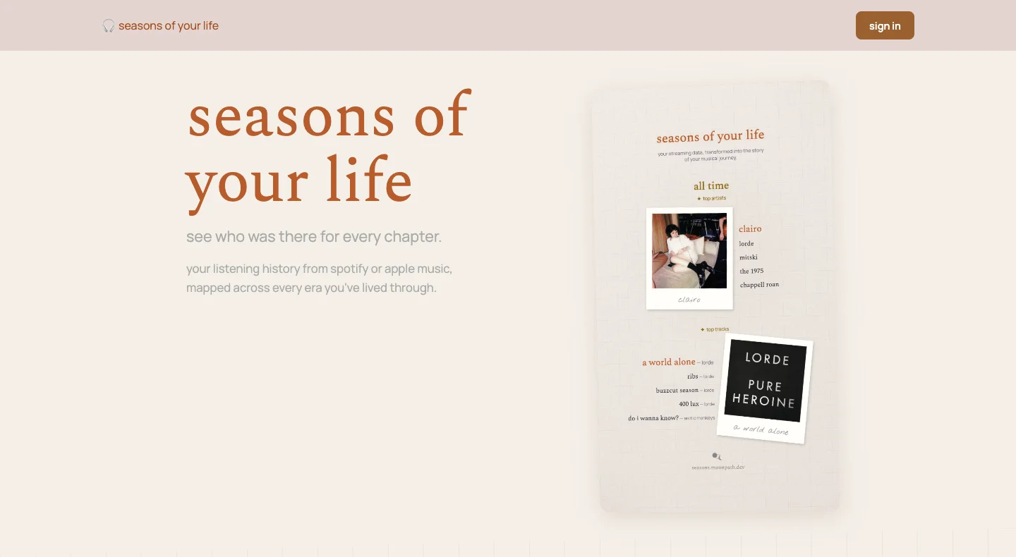 seasons of your life homepage showing listening history visualization