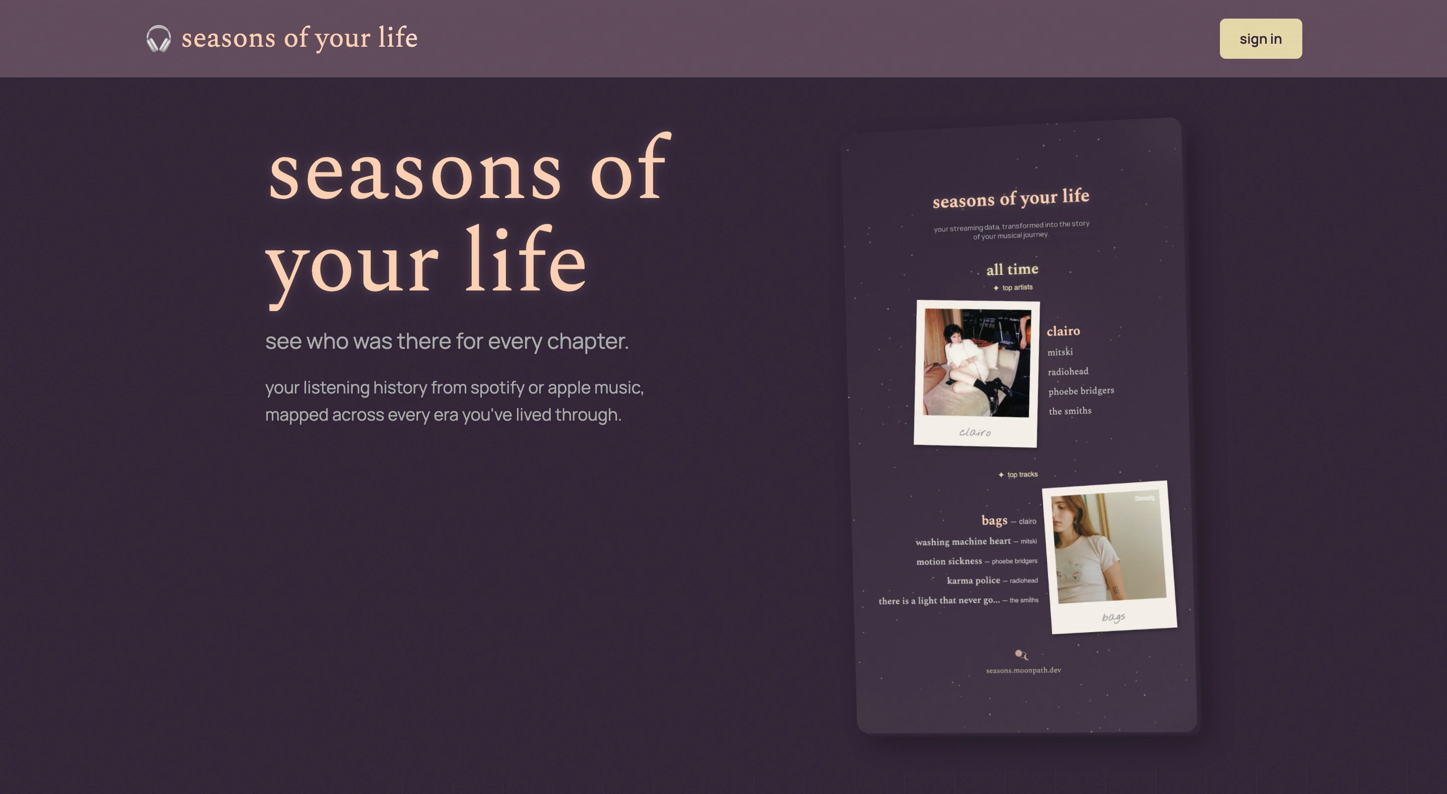 seasons of your life homepage showing listening history visualization